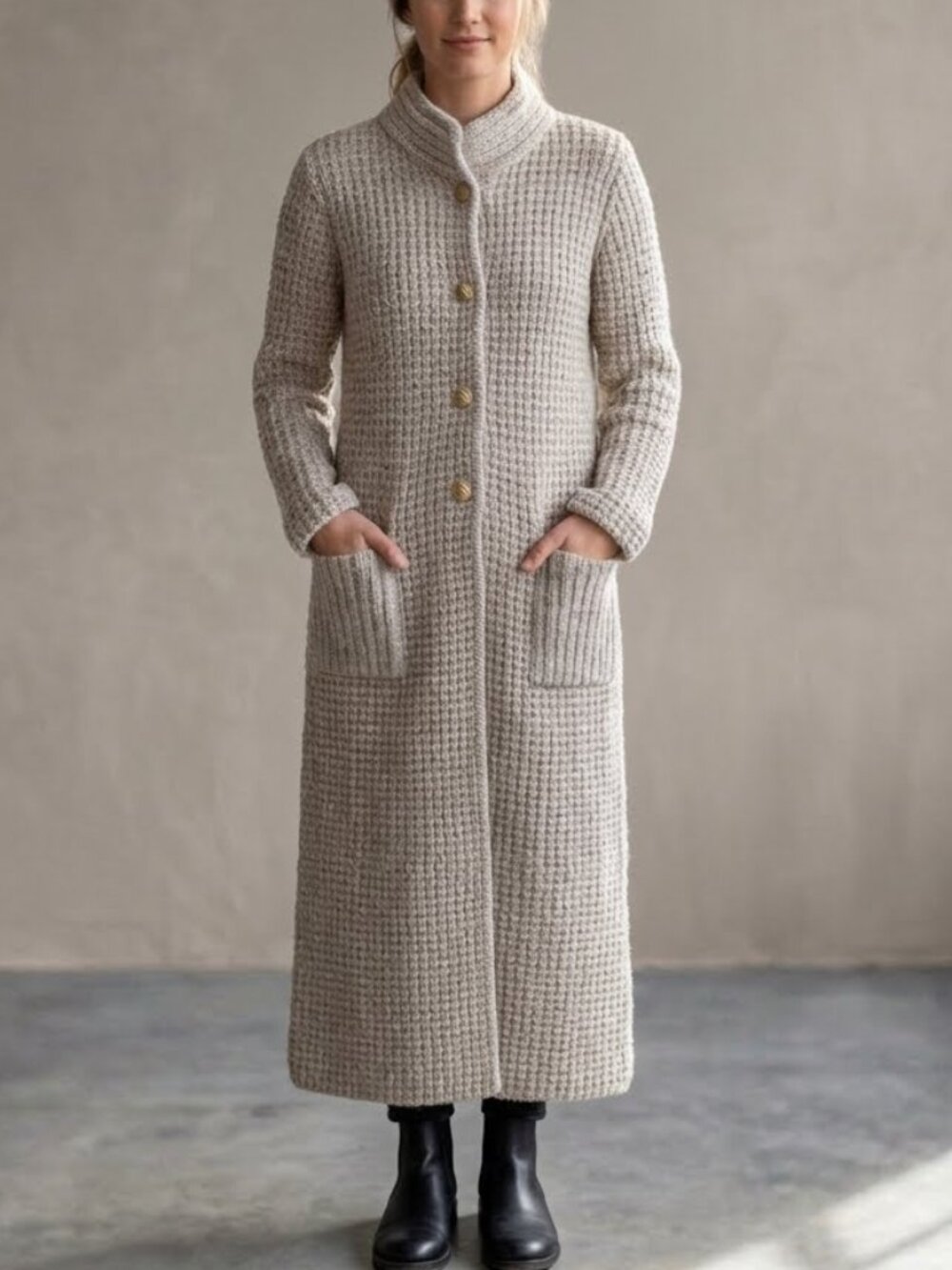 Long Cream Knit Coat with Button Front